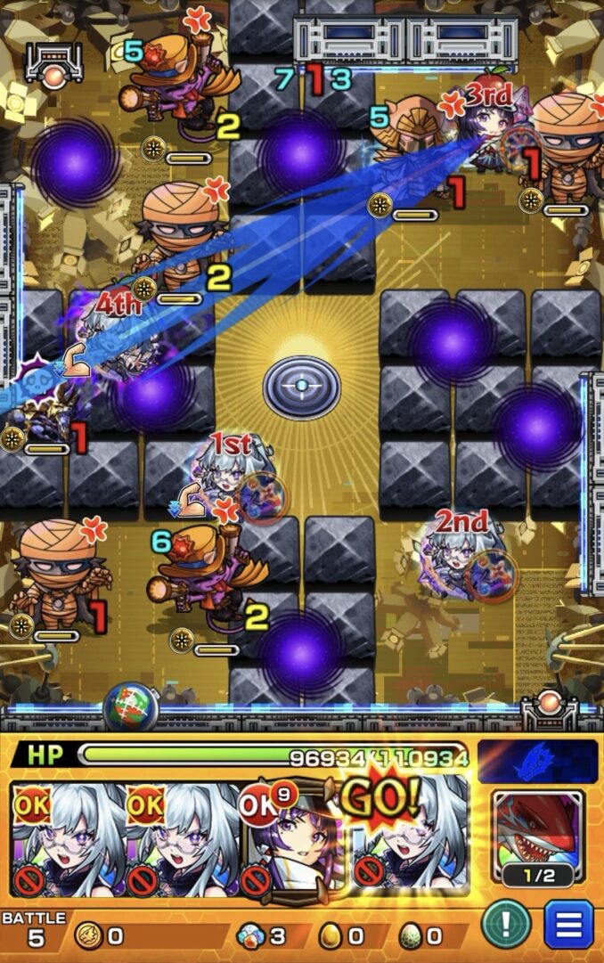 モンスト黎絶ビリミスクのトライアングルエリア設置を狙ったステージ5。反射タイプの挙動で想定外の挟まりになった場面