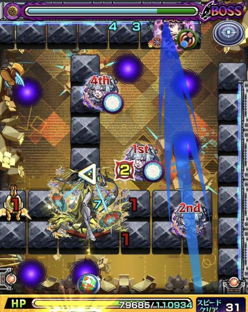 モンスト黎絶ビリミスクのボス1の立ち回り。エリアを設置して攻撃するも外に押し出されダメージが出なかった場面