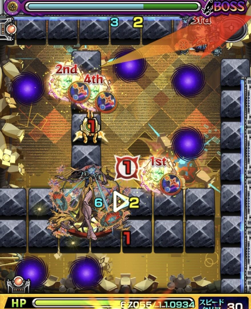 モンスト黎絶ビリミスクのボス1の立ち回り。クレシェンド直前にエリア内へ味方を配置して被ダメージを抑えた場面