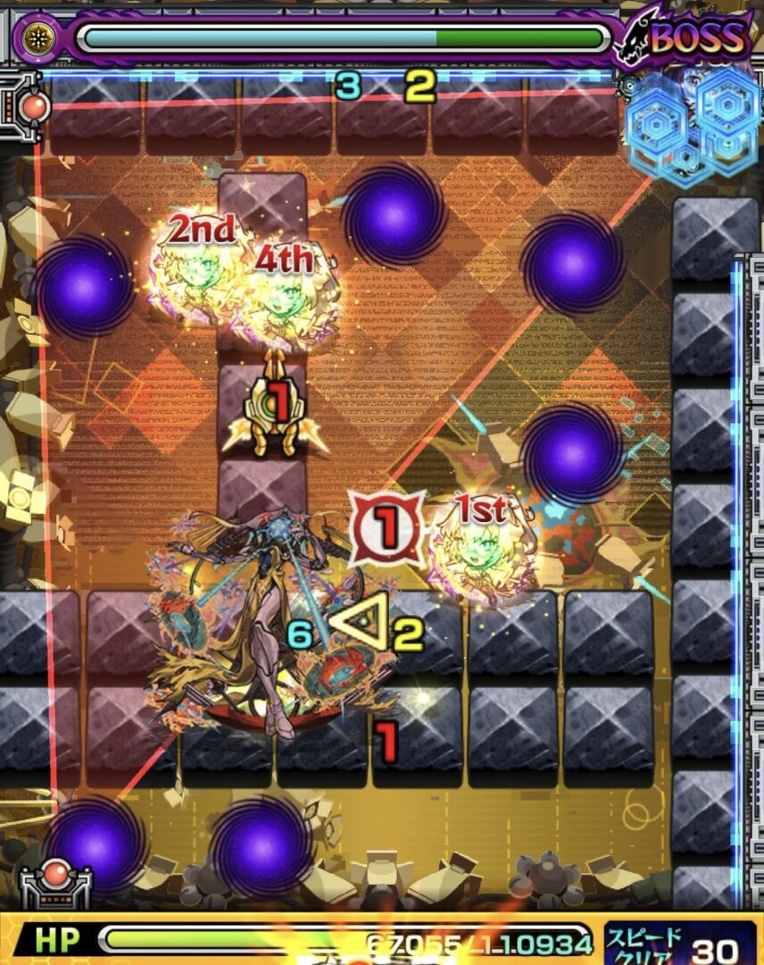 モンスト黎絶ビリミスクのトライアングルエリア設置後のボス1。エリア内に味方を配置してクレシェンド対策を行った場面