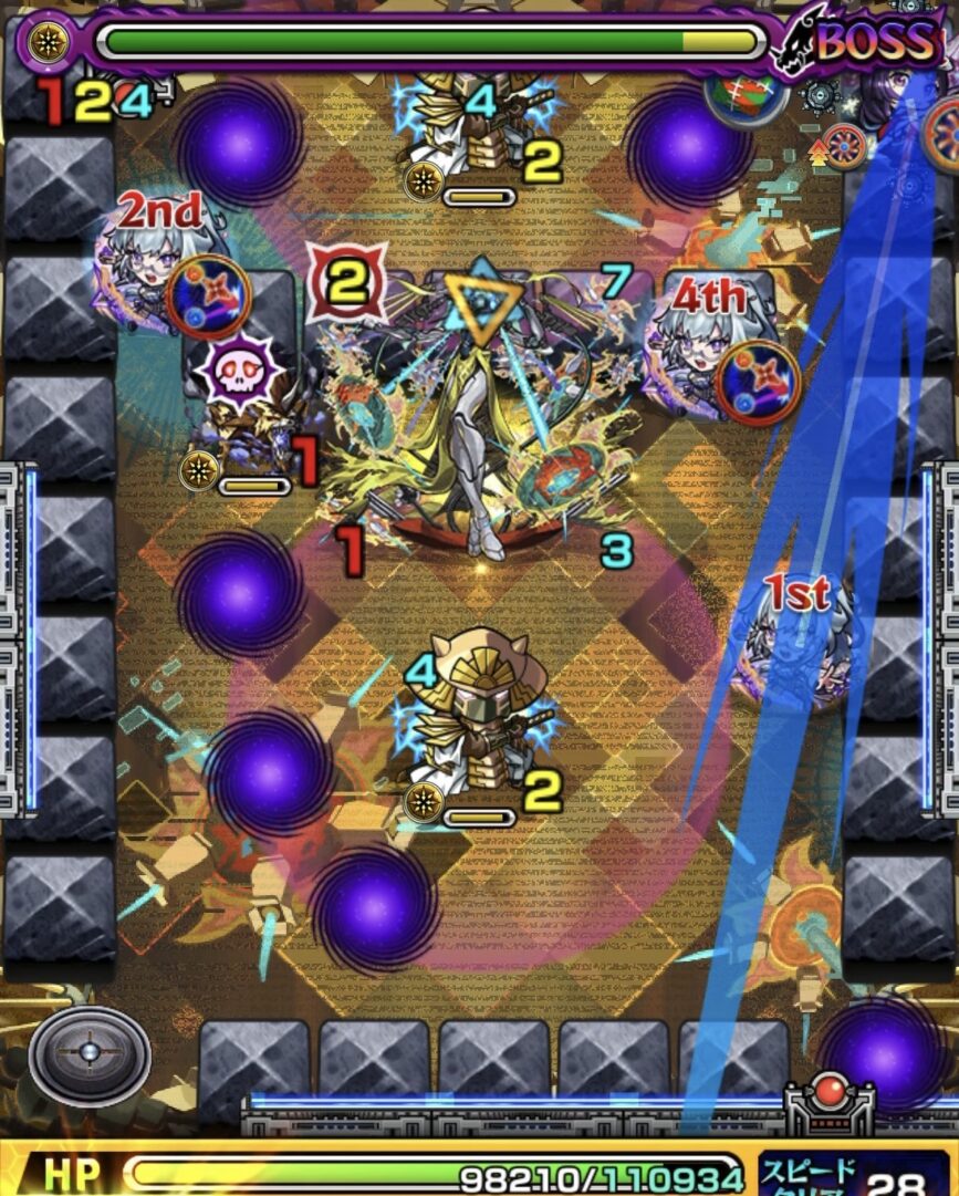 モンスト黎絶ビリミスクのボス2開幕の立ち回り。友情コンボでボスに大ダメージを与えた場面