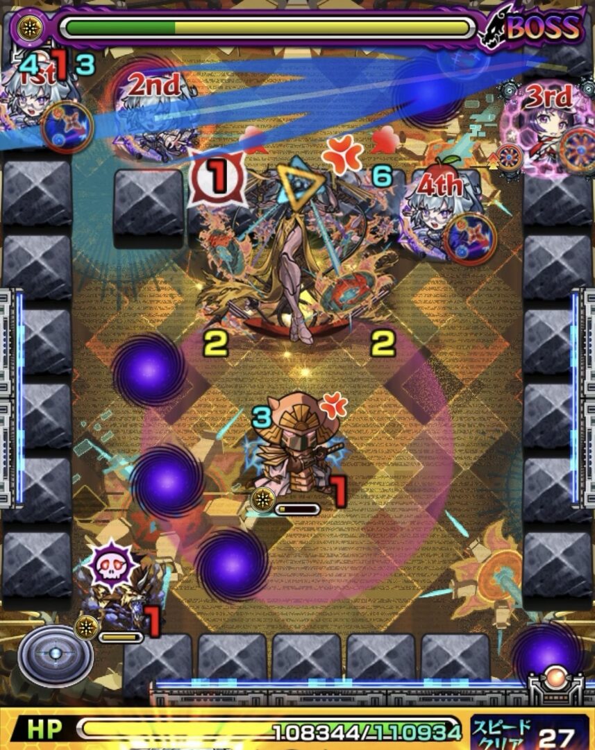 モンスト黎絶ビリミスクのボス2の立ち回り。クレシェンド直前にエリア内へ4Pを配置し友情でボスを削り切って突破した場面