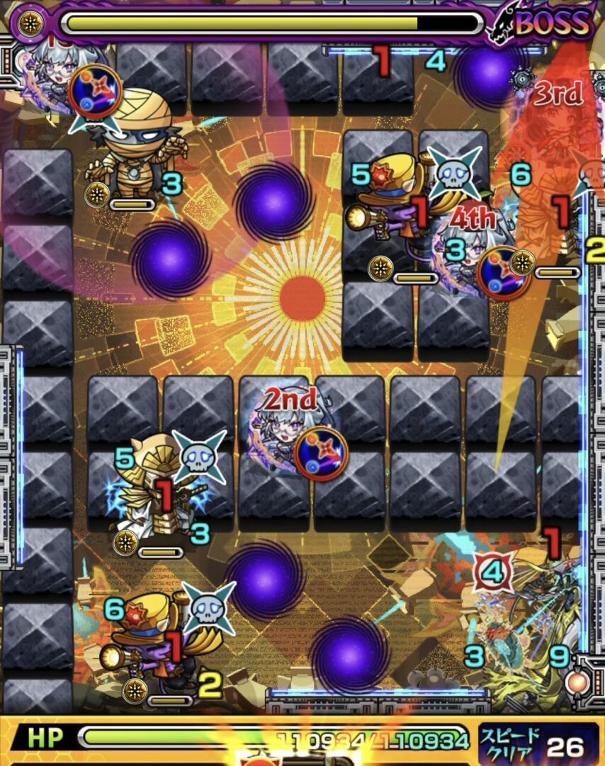 モンスト黎絶ビリミスクのボス3開幕の立ち回り。転送壁と友情誘発でガンマンとゾンビを処理しボスが実体化した場面