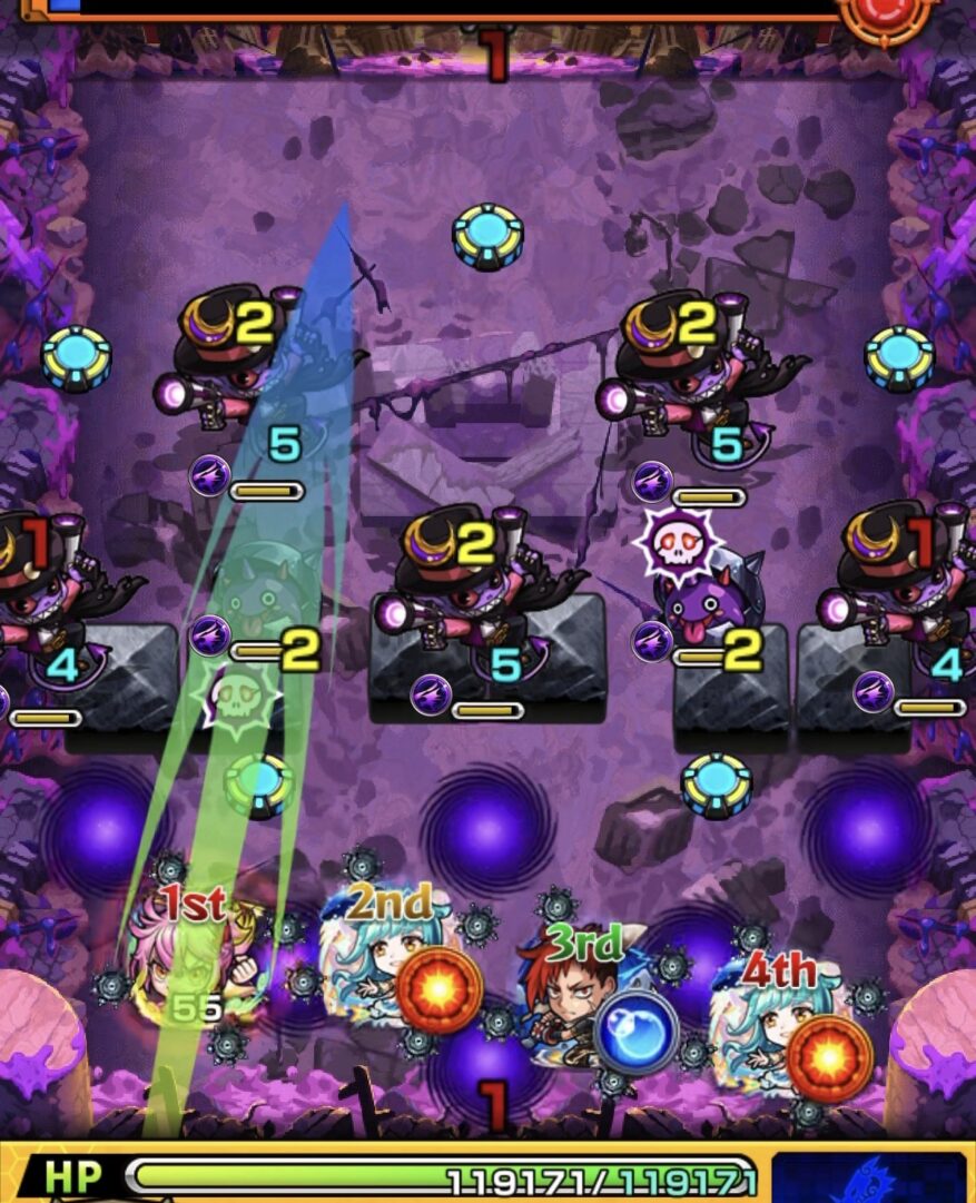 モンスト黎絶キャローネのステージ1。ガンマンの全滅攻撃に注意しつつ、グローボムを調整しながらゲキリンを上に配置した初手の立ち回り