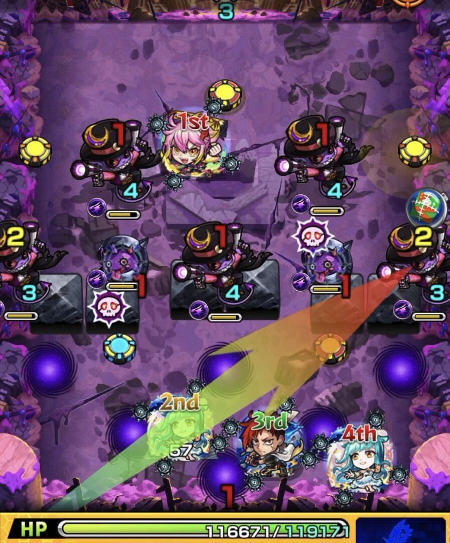 モンスト黎絶キャローネのステージ1。黄色のグローボムを踏んで攻撃力を上げ、ガンマンとかちリンのあいだに挟まって右側のガンマンを処理した場面