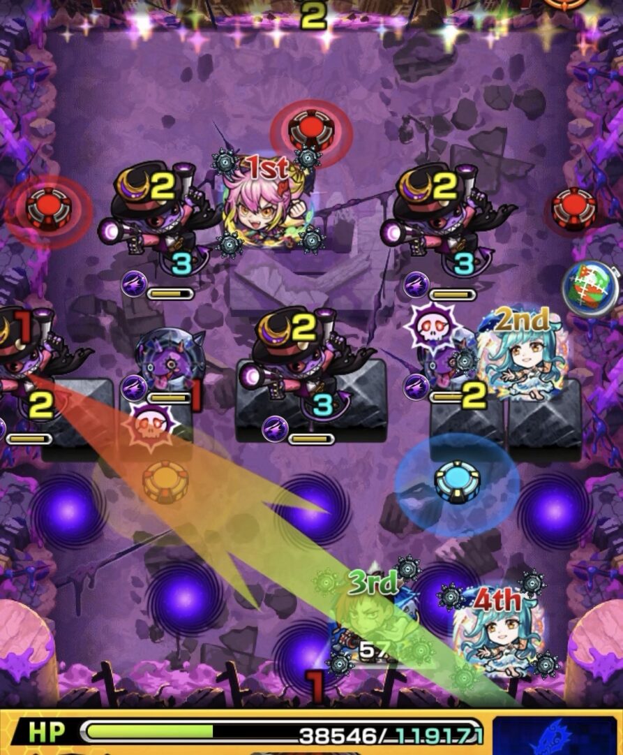 モンスト黎絶キャローネのステージ1。黄色のグローボムを踏んで攻撃力を上げ、かちリンとガンマンのあいだに挟まってガンマンを処理した場面