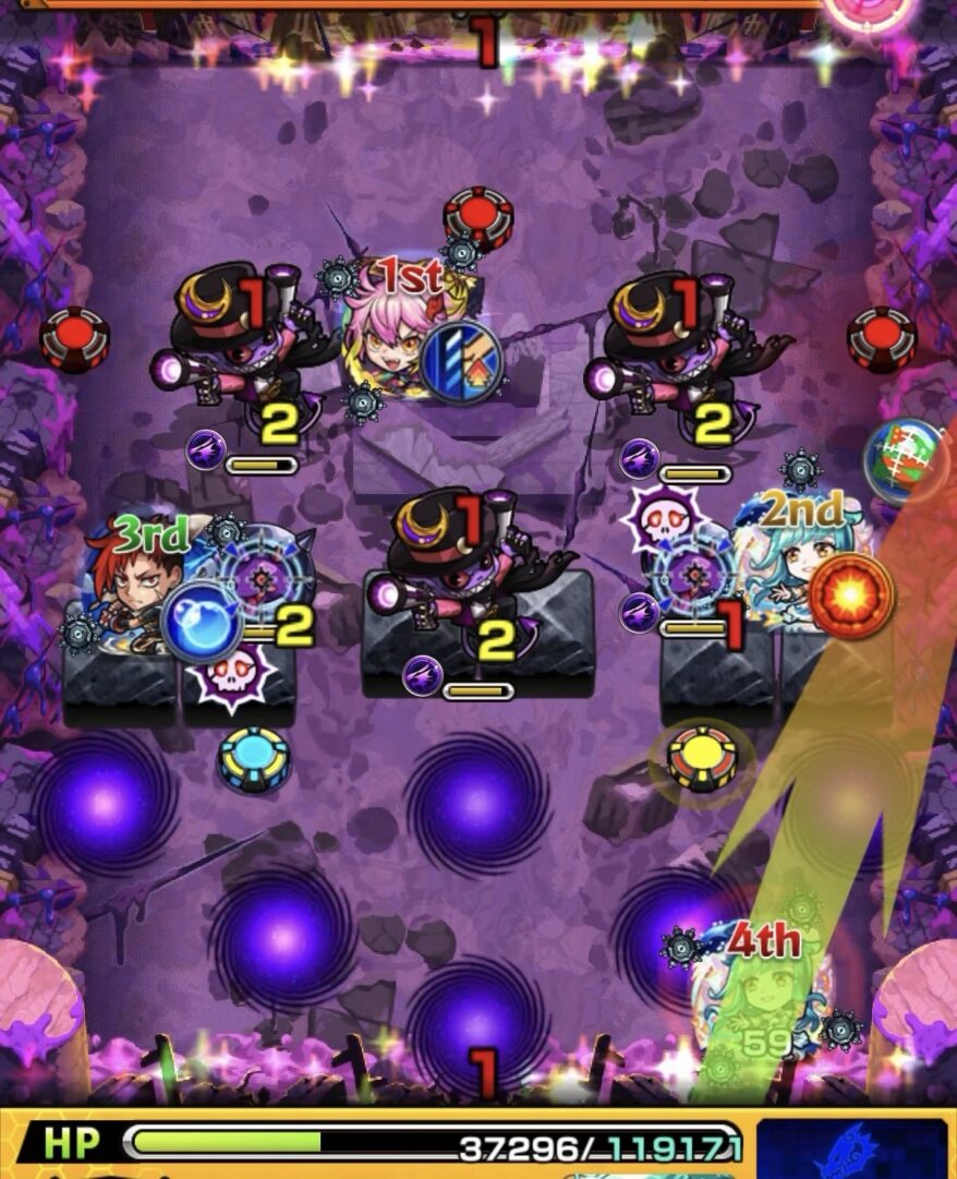 モンスト黎絶キャローネのステージ1。赤のグローボムで攻撃力を上げ、ゲキリンの加速を活かしてガンマンをすべて処理し突破した場面