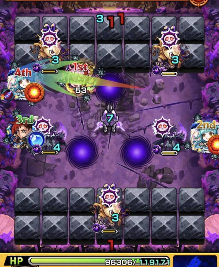 モンスト黎絶キャローネのステージ2。タマネギヘッドの相互蘇生とヒーリングウォールを意識し、次ターンに備えてグローボムの色を調整した場面