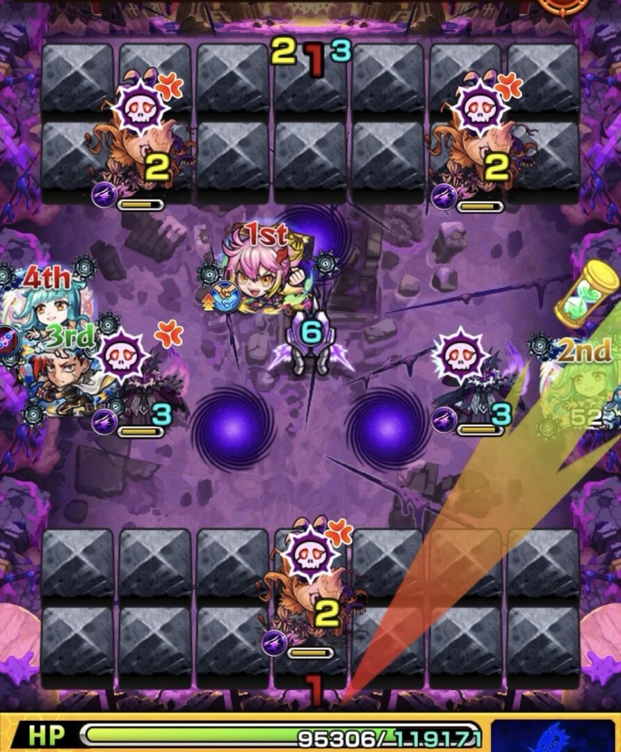 モンスト黎絶キャローネのステージ2。黄色のグローボムで攻撃力を上げ、壁反射を利用してタマネギヘッドと魔導師を同時処理した場面