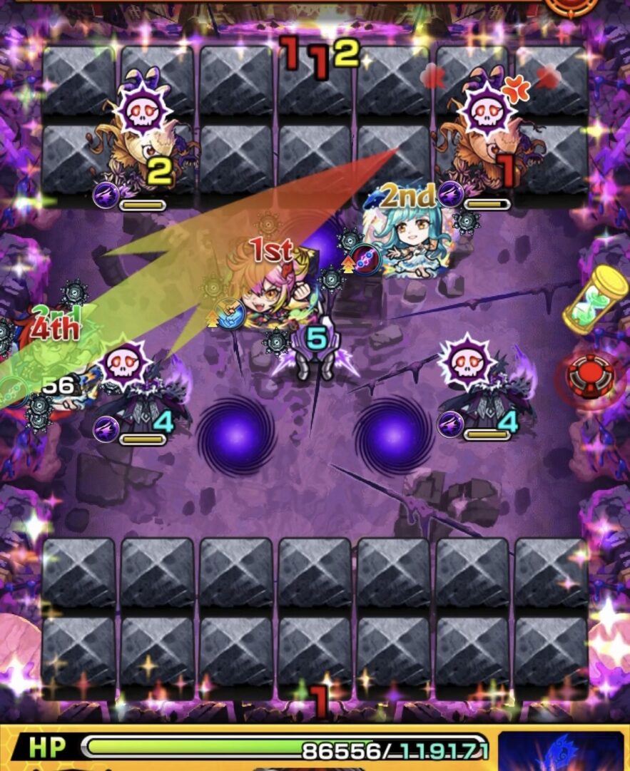 モンスト黎絶キャローネのステージ2。赤のグローボムで攻撃力を上げ、反射ルートで残り2体のタマネギヘッドを同時処理して突破した場面