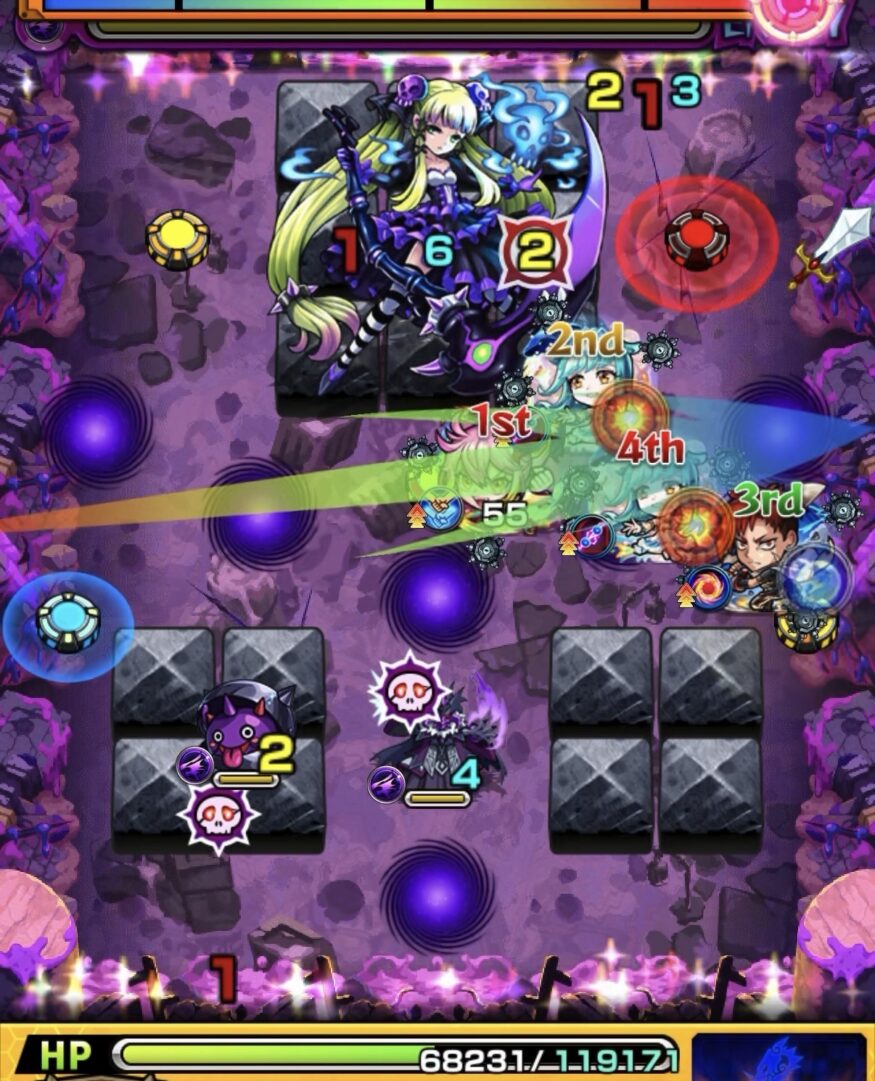 モンスト黎絶キャローネのステージ3。赤と黄色のグローボムで火力を上げ、友情と剣アイテムを活用してヘルを一気に撃破した場面