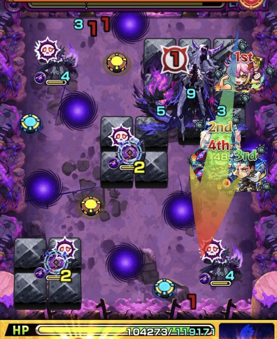 モンスト黎絶キャローネのステージ4。クレシェンド直前に魔導師とかちリンを処理し、グローボムとヒーリングウォールを展開した場面