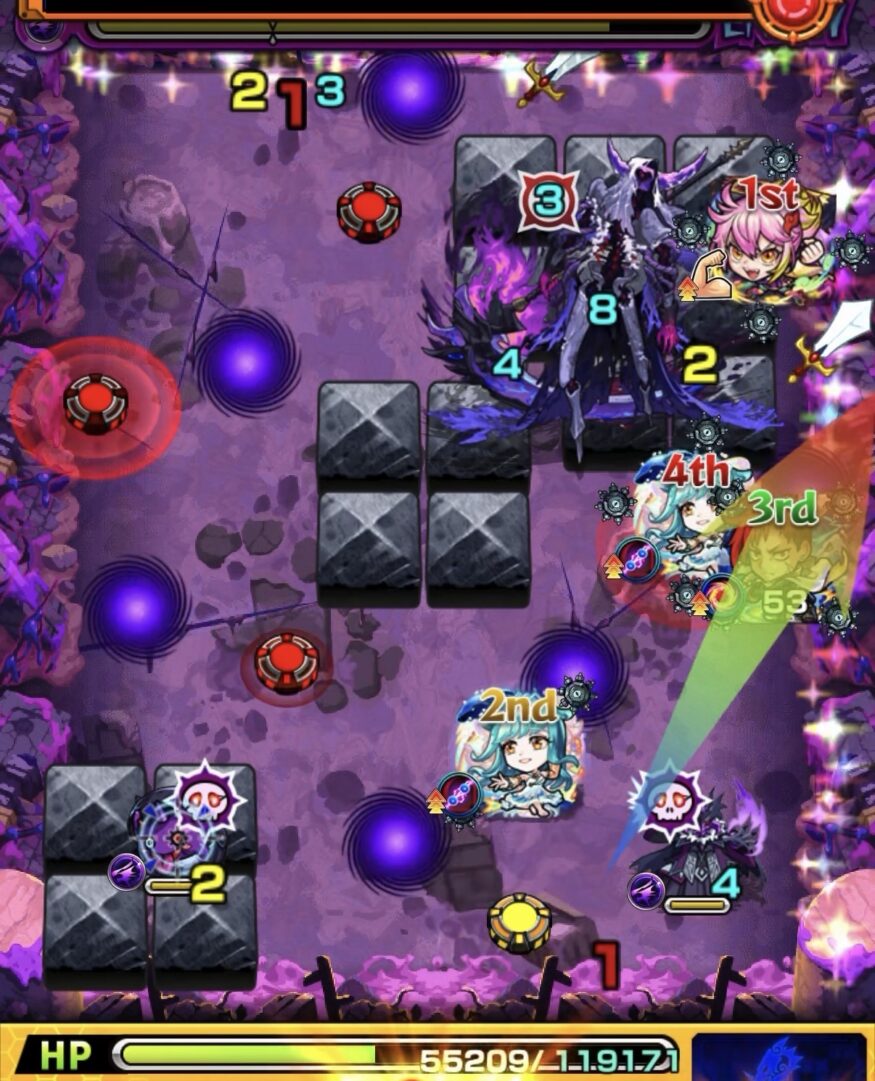 モンスト黎絶キャローネのステージ4。剣アイテムと加速を活かし、赤のグローボムで火力を上げて中ボスに大ダメージを与えた場面