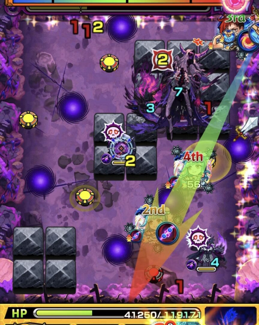 モンスト黎絶キャローネのステージ4。グローボムで火力を上げ、直殴りと友情で中ボスを撃破した場面