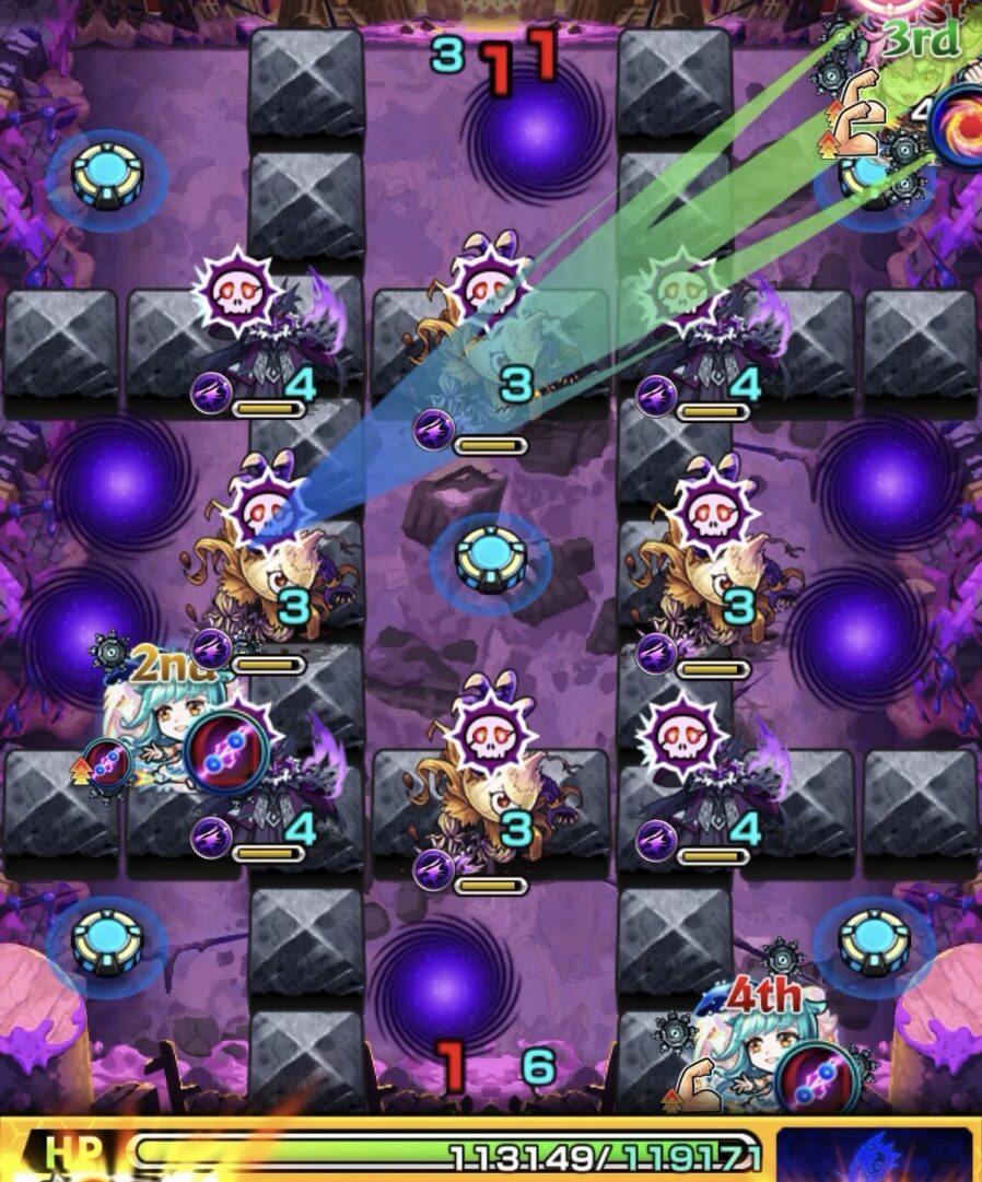 モンスト黎絶キャローネのステージ5。ドクロ効果を意識して魔導師を優先処理し、グローボムを展開した場面