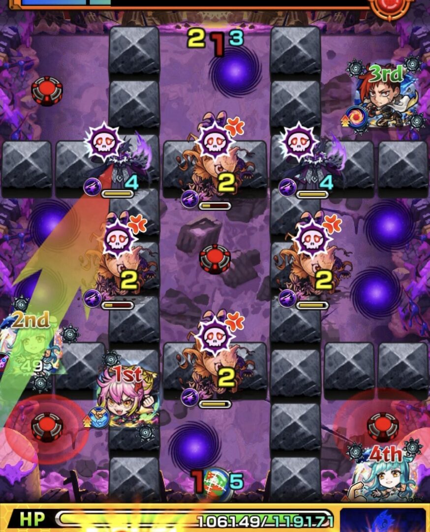 モンスト黎絶キャローネのステージ5。回復手段がない状況で無理に攻撃せず、タマネギヘッドと魔導師のあいだに挟まって被ダメージを抑えた場面