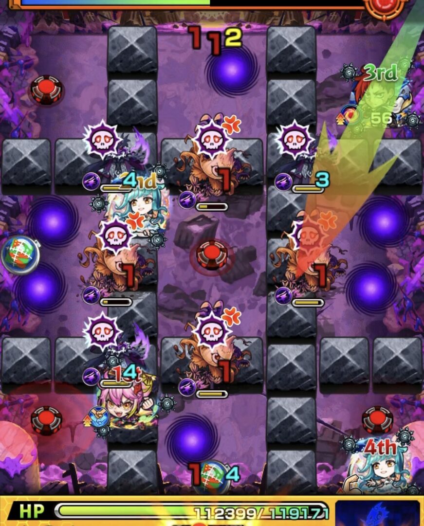 モンスト黎絶キャローネのステージ5。挟まりを狙うもルートがずれ、赤のグローボムを複数踏んでタマネギヘッドと魔導師を処理した場面