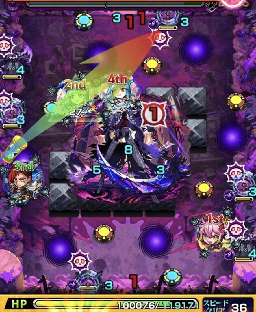 モンスト黎絶キャローネのボス1。クレシェンド対策としてかちリンを処理し、ヒーリングウォールを3面展開した場面