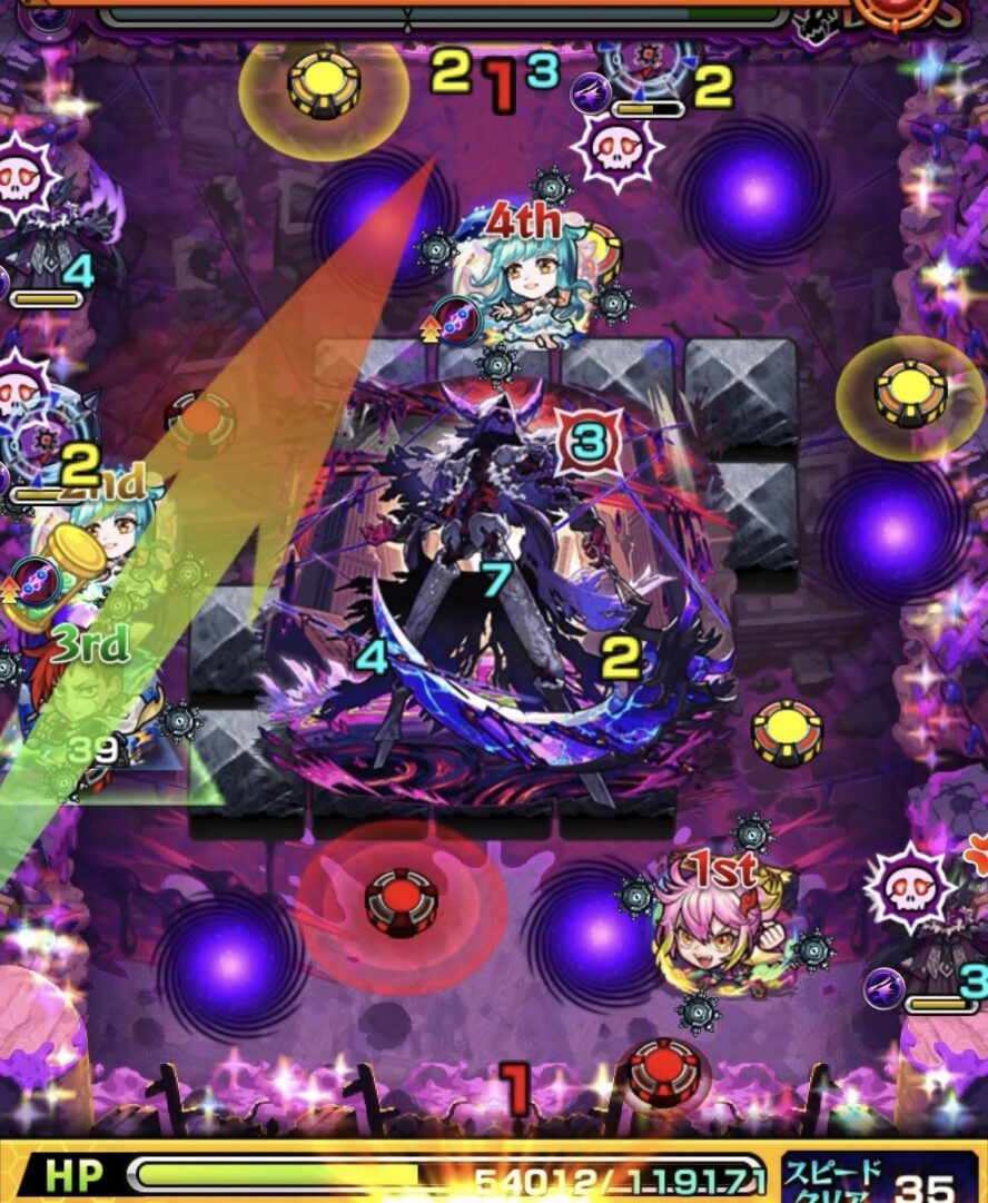 モンスト黎絶キャローネのボス1。友情と加速を活かしグローボムで火力を上げてボスに大ダメージを与え、覚醒後にHPを削られた場面