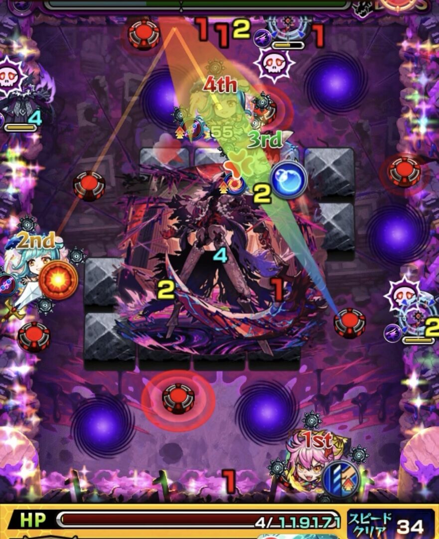 モンスト黎絶キャローネのボス1。HP4の危険状態から赤グローボムと回復を活かしてボスを撃破し、HPを全回復した場面