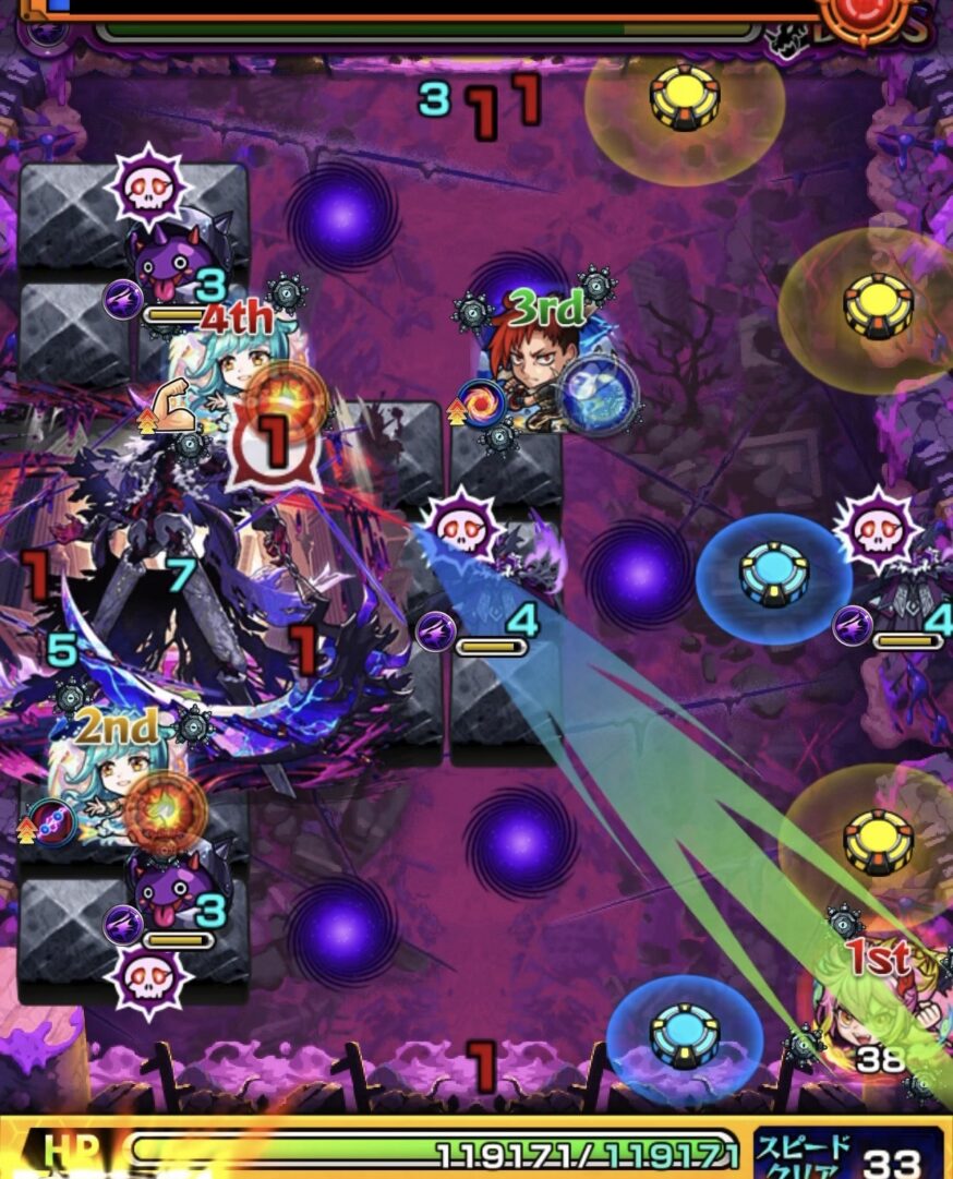 モンスト黎絶キャローネのボス2。クレシェンド直前で回復手段がなく、無理に攻撃せず魔導師とかちリンにふれてステイした場面