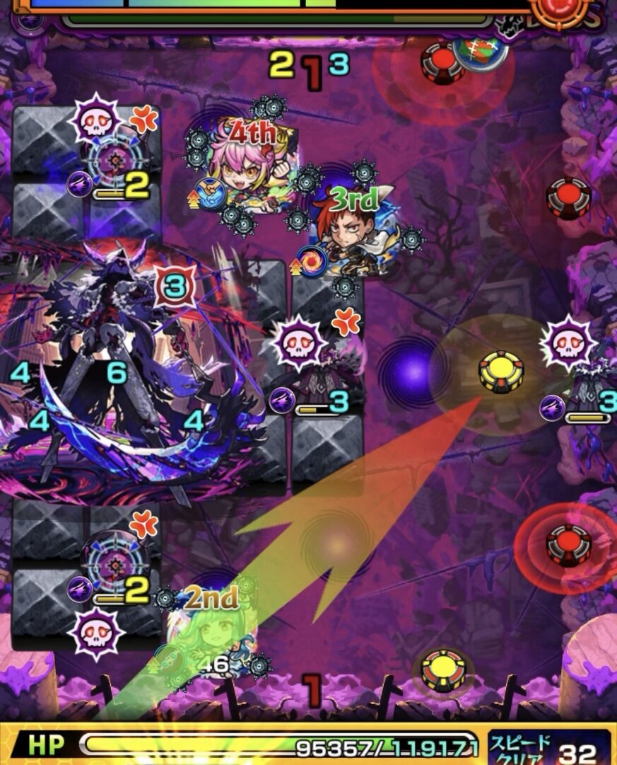 モンスト黎絶キャローネのボス2。黄色のグローボムで火力を上げて魔導師とかちリンを処理し、ヒーリングウォールを展開するもHPが減少した場面