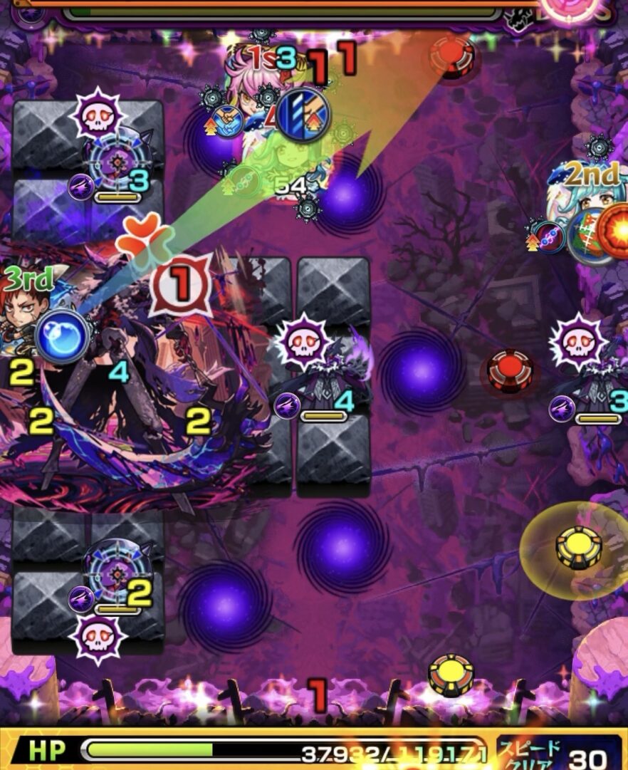 モンスト黎絶キャローネのボス2。赤のグローボムで火力を上げ、友情と直殴りでボスを撃破した場面