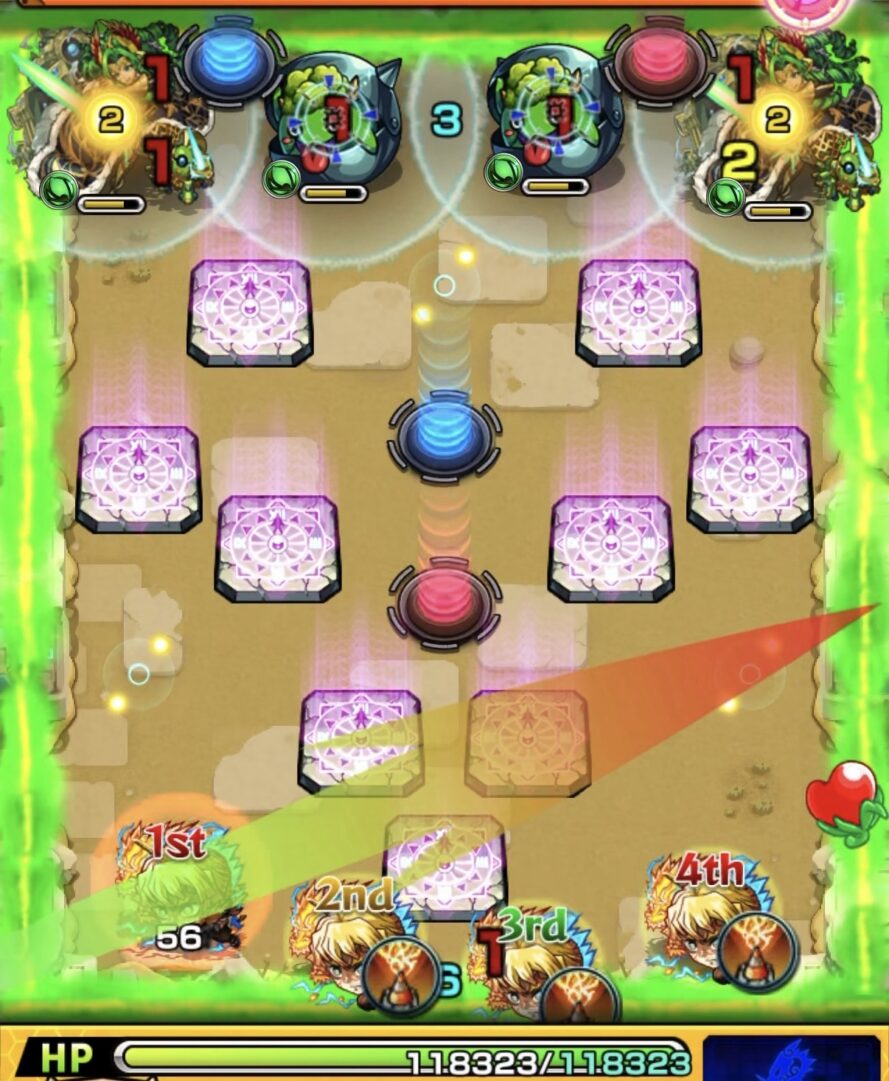 未開の砂宮 拠点28 ステージ1初手の動き。フォトンを回収して青テレポトンネルを通りルキウスに付与後、かちリンの間に挟まって処理する立ち回り