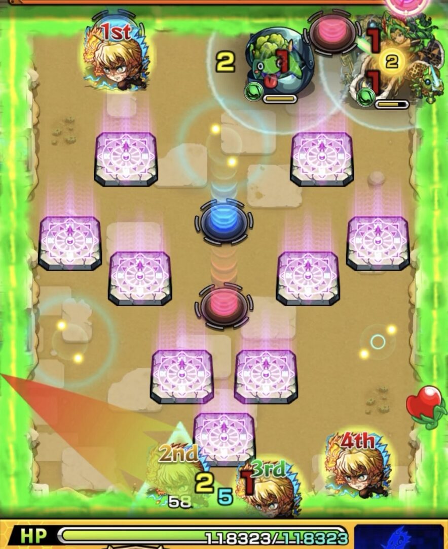 未開の砂宮 拠点28 ステージ1の2手目。フォトン回収後に赤テレポトンネルを経由してルキウスに付与し、かちリンの間に挟まって処理しステージ突破