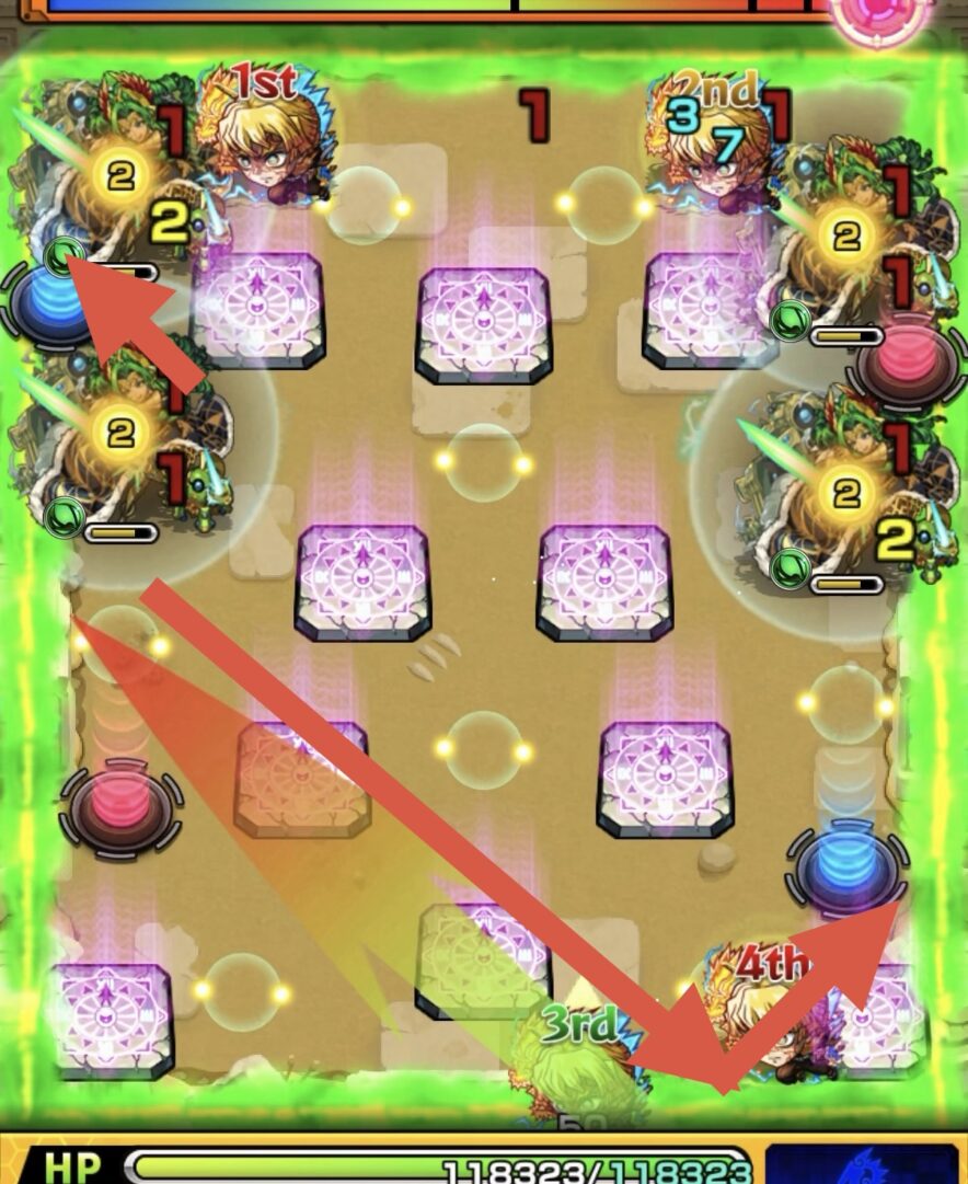 未開の砂宮 拠点28 ステージ2初手。相互蘇生する左側ルキウスペアにフォトンを付与し、青テレポトンネル経由で間に挟まり同時処理する立ち回り