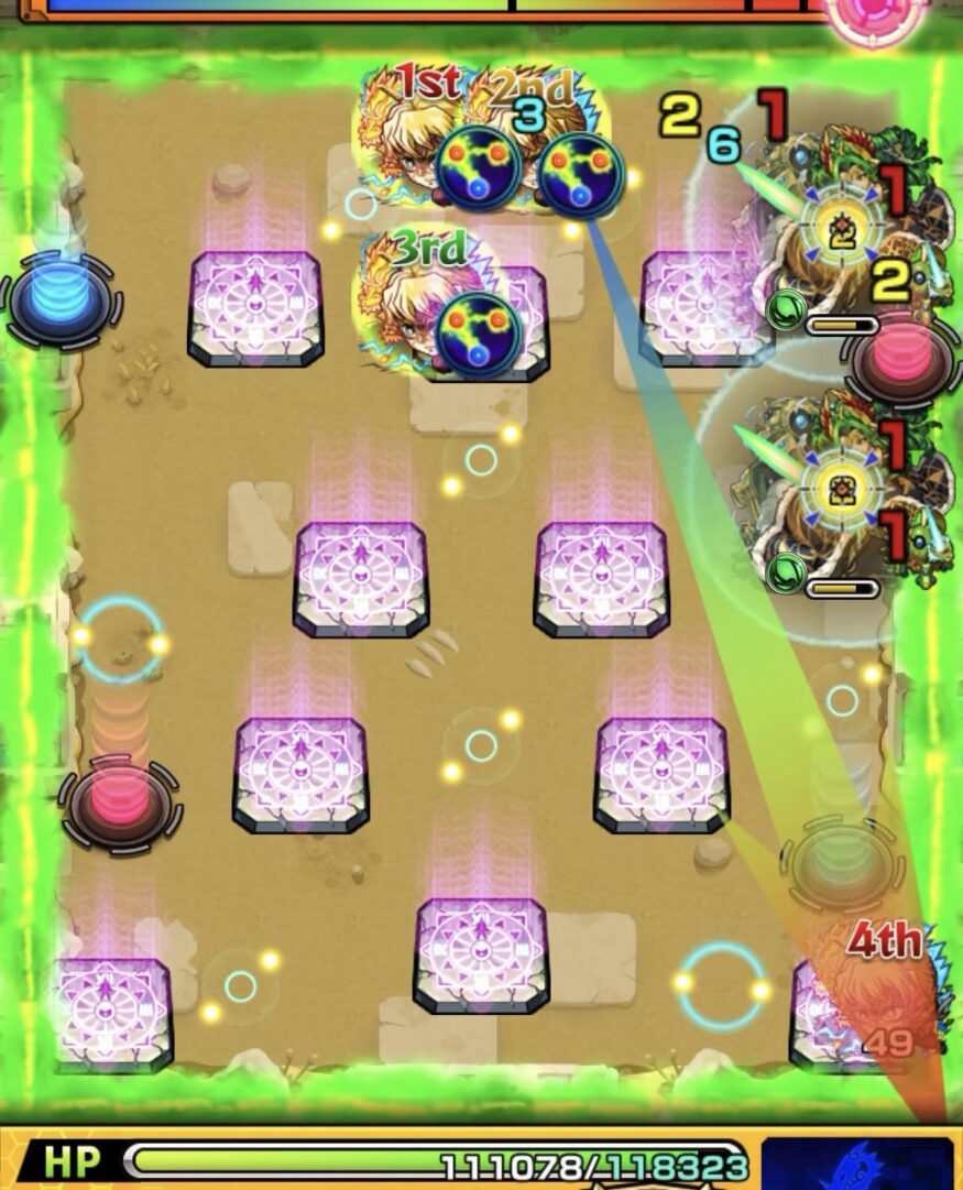 未開の砂宮 拠点28 ステージ2の2手目。青テレポトンネルと赤テレポトンネルを経由してフォトンを付与し、直殴りでルキウスを同時処理して突破