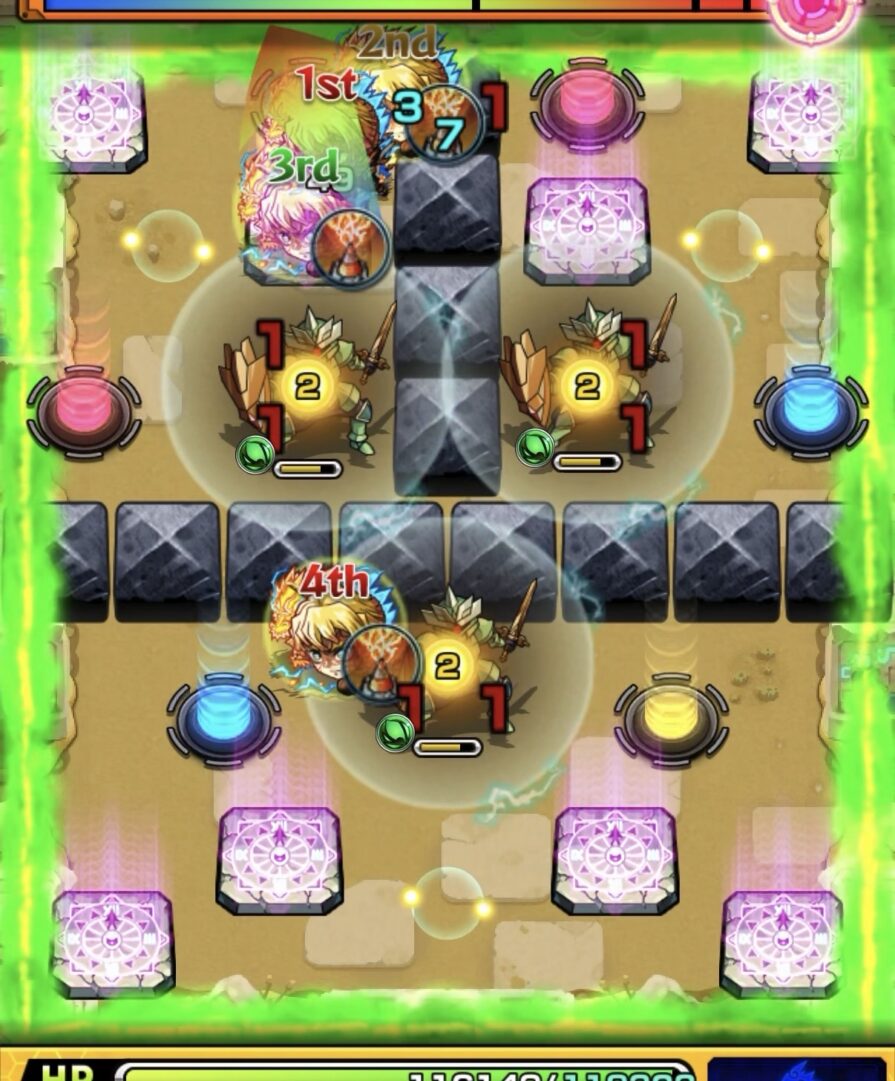 未開の砂宮 拠点28 ステージ3初手。テレポトンネルを連続利用してフォトンを回収しながら聖騎士3体の同時処理を狙うが、1体のみ処理にとどまる動き