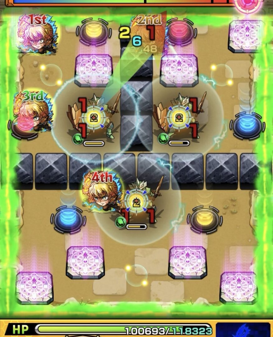 未開の砂宮 拠点28 ステージ3の2手目。赤・黄・青テレポトンネルを使ってフォトンを回収しながら聖騎士3体の同時処理を狙うが、1体のみ処理にとどまる動き