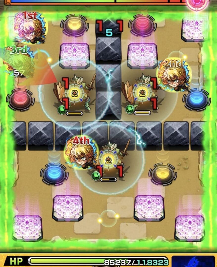 未開の砂宮 拠点28 ステージ3の3手目。テレポトンネルを連続利用してフォトンを回収しながら聖騎士3体を同時処理して突破