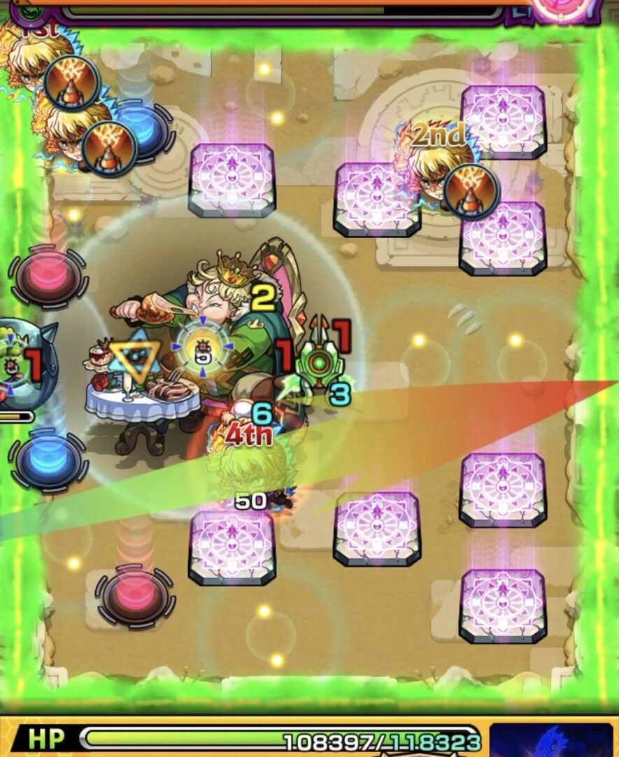 未開の砂宮 拠点28 ステージ4初手。右壁反射から青テレポトンネルを経由してケアブリにフォトンを付与し、フォトンチャージアタックを調整する動き