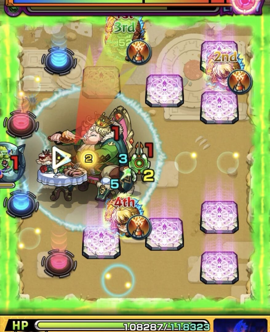 未開の砂宮 拠点28 ステージ4の2手目。フォトン回収後にかちリンとケアブリの間に挟まり、フォトン付与から大ダメージを与える立ち回り