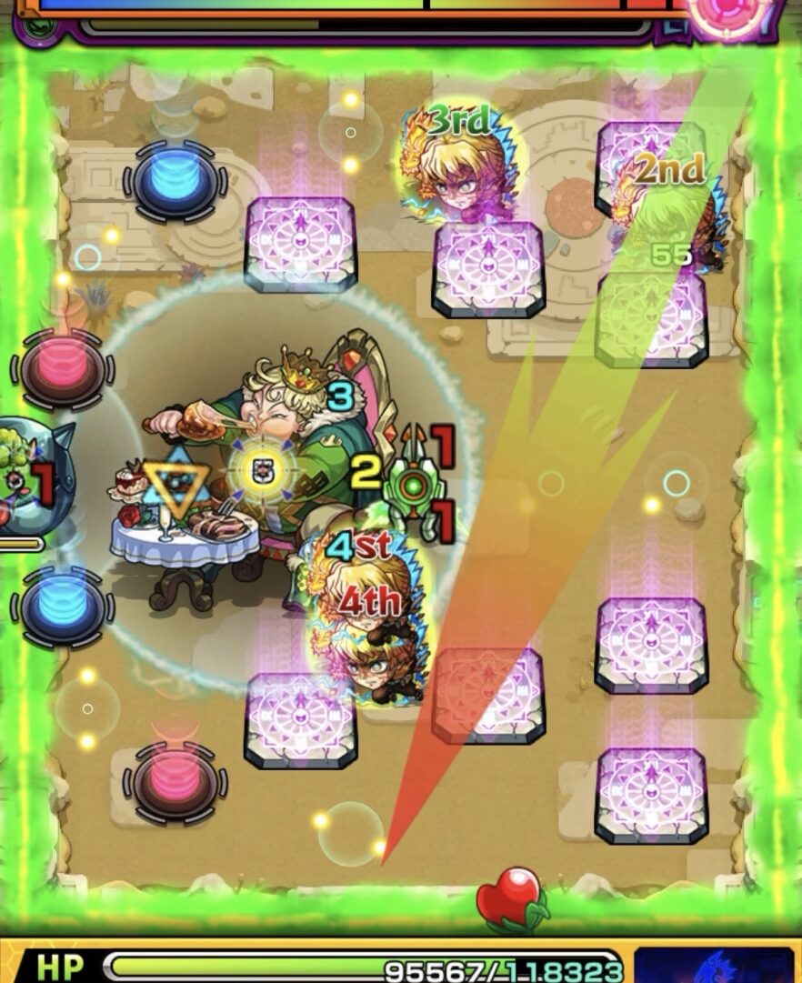 未開の砂宮 拠点28 ステージ4の3手目。フォトンを複数回収してケアブリに付与し、かちリンとの間に挟まって処理し突破する動き