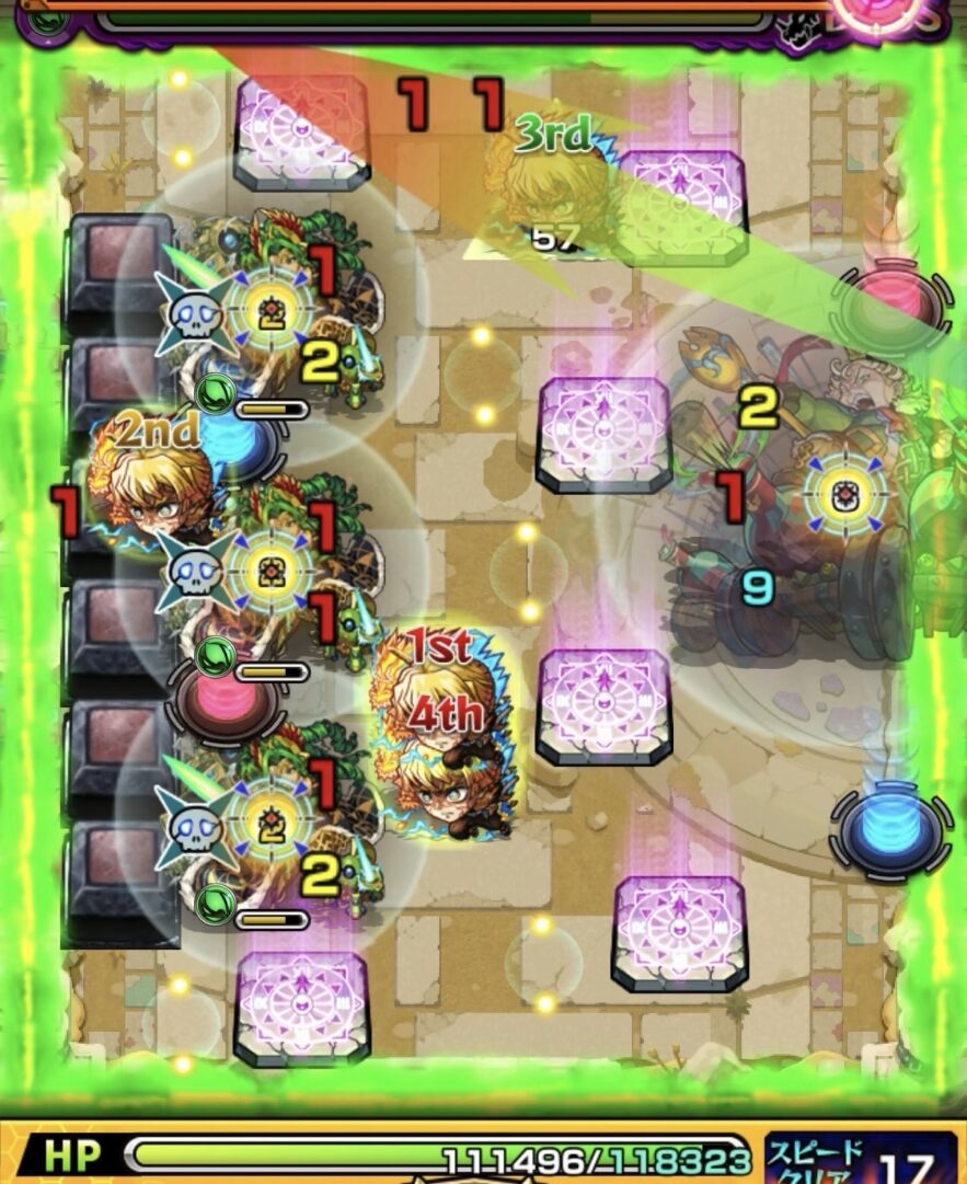 未開の砂宮 拠点28 ボス1初手。フォトン付与後に青テレポトンネルからルキウスの間を狙うが、赤テレポトンネルに入り同時処理できなかった動き