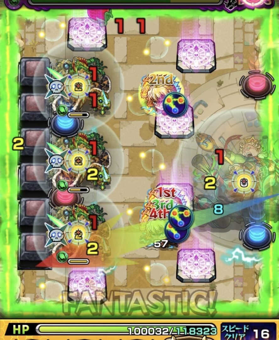 未開の砂宮 拠点28 ボス1の2手目。複数のルキウスにフォトンを付与し、赤テレポトンネル経由で下2体を同時処理する立ち回り