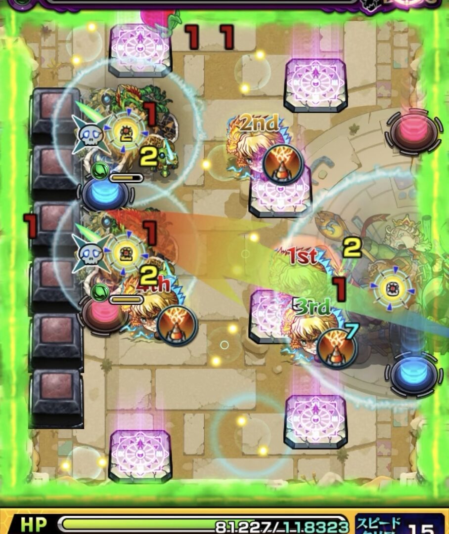 未開の砂宮 拠点28 ボス1の3手目。フォトン付与後にテレポトンネル経由でルキウスを同時処理し、クロスドクロ発動でかちリン出現とボス実体化を確認する場面