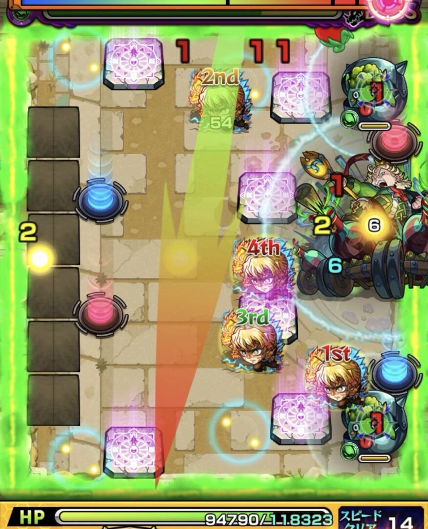 未開の砂宮 拠点28 ボス1の4手目。フォトン回収後に青テレポトンネルからボスに付与し、発動後に赤テレポトンネル経由でかちリンとの間に挟まり大ダメージを与える動き