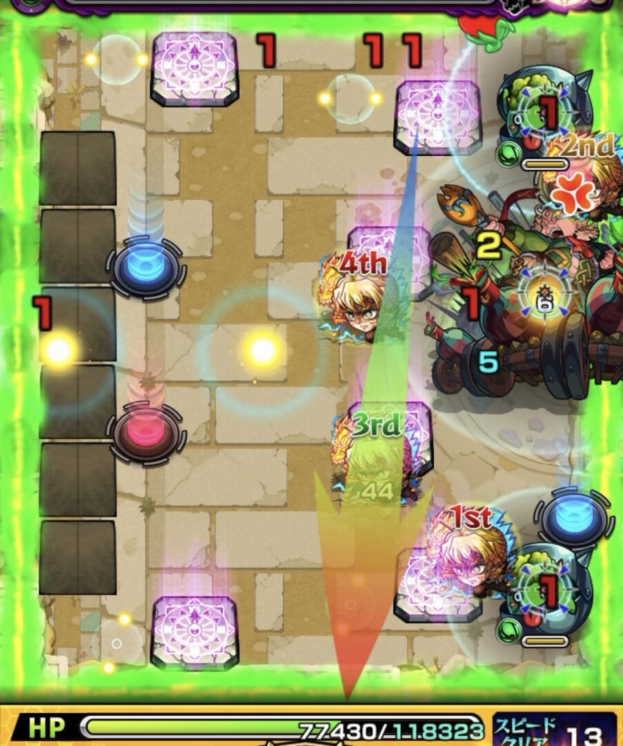 未開の砂宮 拠点28 ボス1の5手目。フォトン回収後に青テレポトンネルからボス付与を狙うが、赤テレポトンネルに入り付与できなかった場面