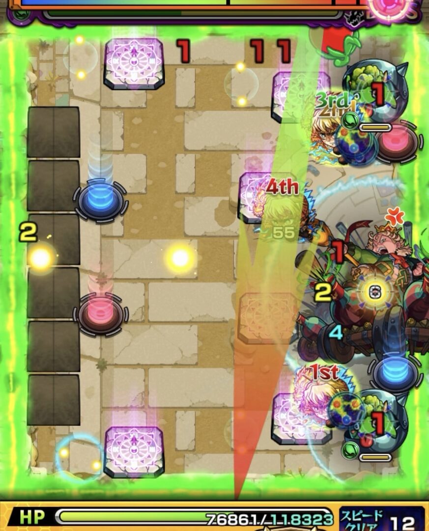 未開の砂宮 拠点28 ボス1の6手目。フォトン回収から赤テレポトンネルでボスに付与し、発動後に青テレポトンネルで削り切り突破する場面