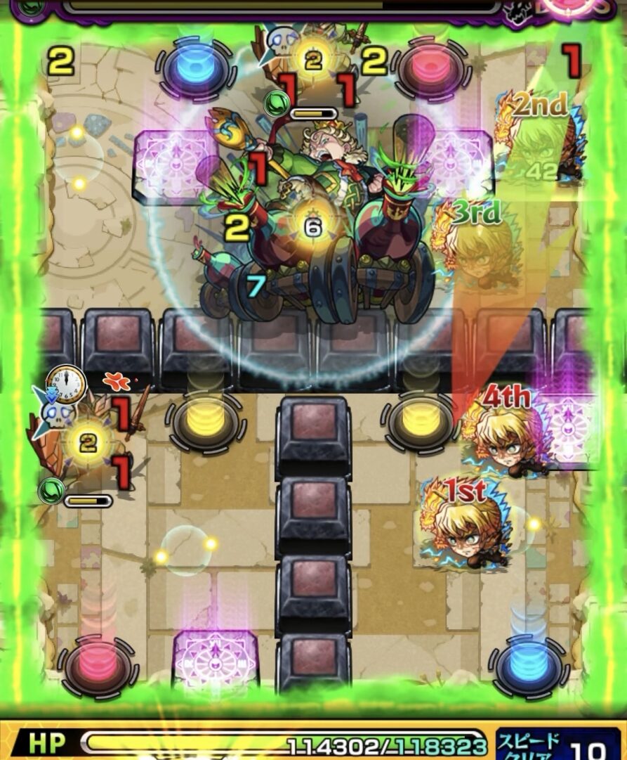 未開の砂宮 拠点28 ボス2の2手目。フォトン回収から赤・黄・青テレポトンネルを経由して聖騎士2体を同時処理し、クロスドクロ発動でボス実体化する場面