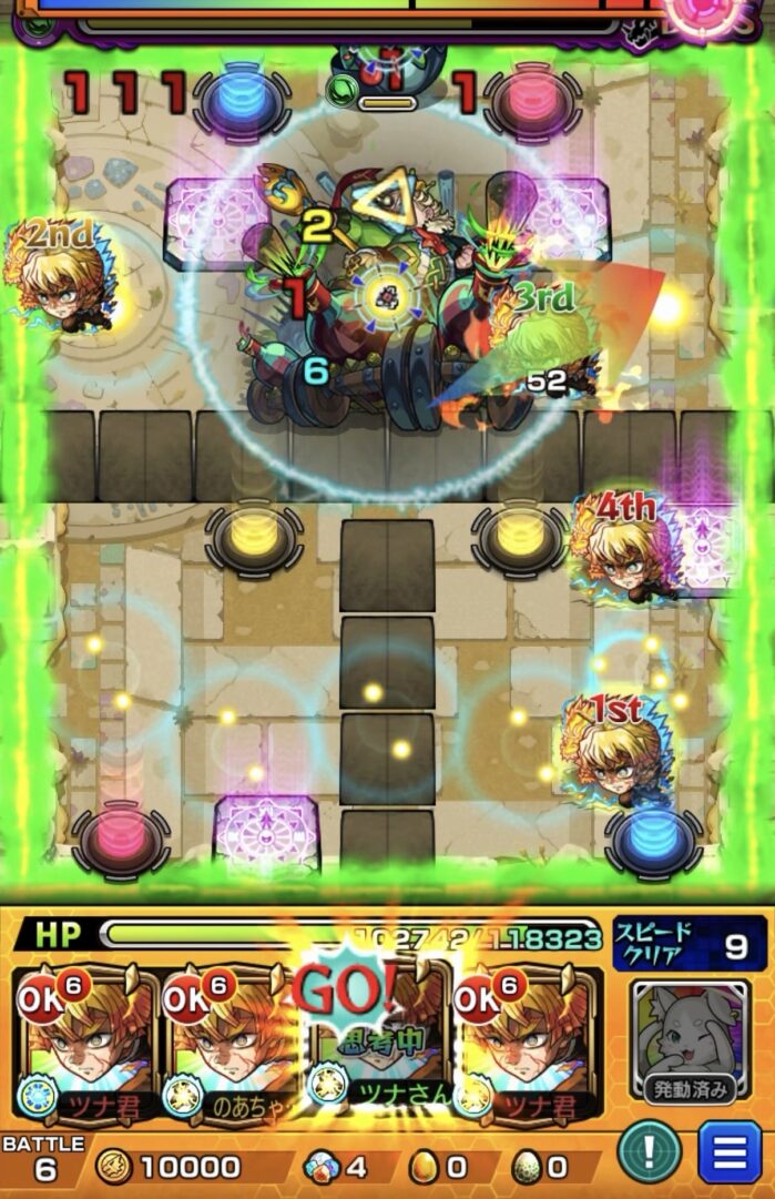 未開の砂宮 拠点28 ボス2の3手目。善逸のSSでフォトンを付与し赤テレポトンネル経由でかちリンとの間に挟まり大ダメージと追撃で撃破する場面