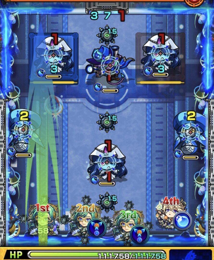 モンスト黎絶デティアカル攻略ステージ1の1手目 ゾンビ同時処理のため青ブロックを赤に変化させた立ち回り