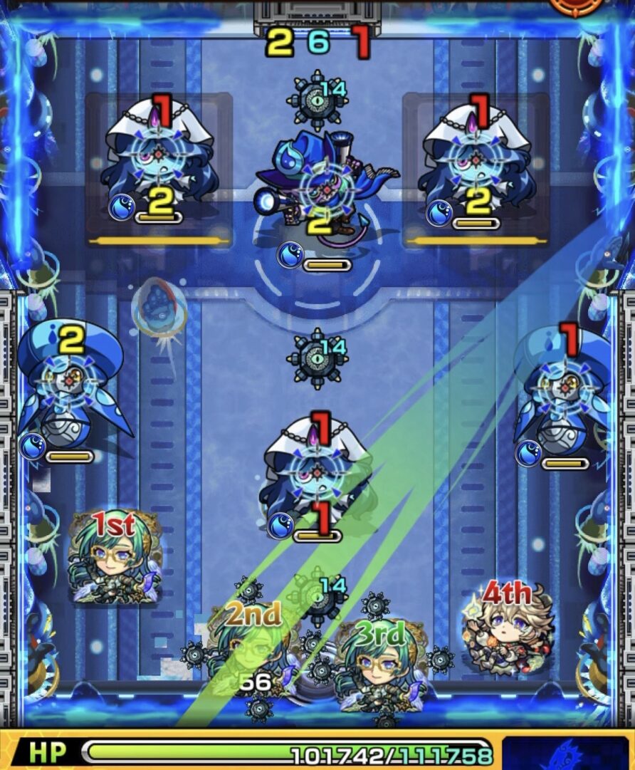 モンスト黎絶デティアカル攻略ステージ1の2手目 ゾンビ同時処理を狙ったルートと蘇生発生の場面