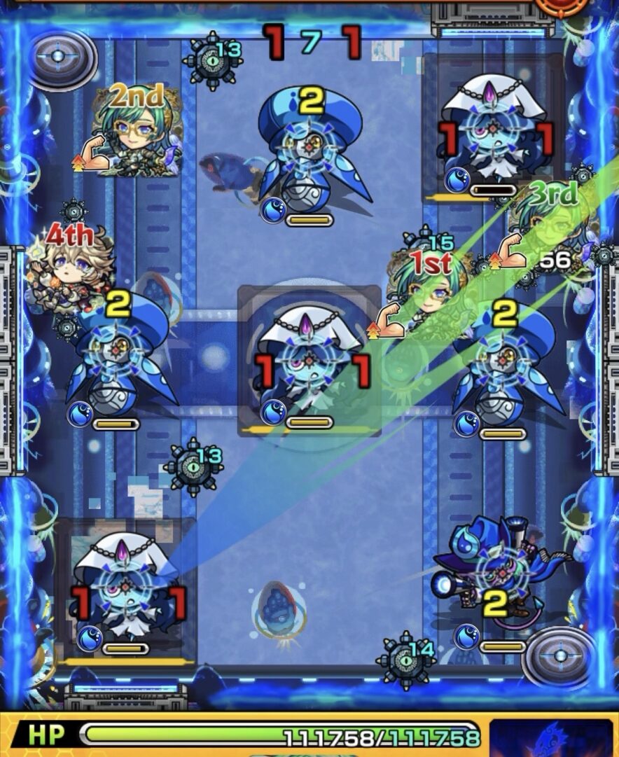 モンスト黎絶デティアカルステージ5の3手目 サドキエル加速でゾンビ3体を同時処理した場面