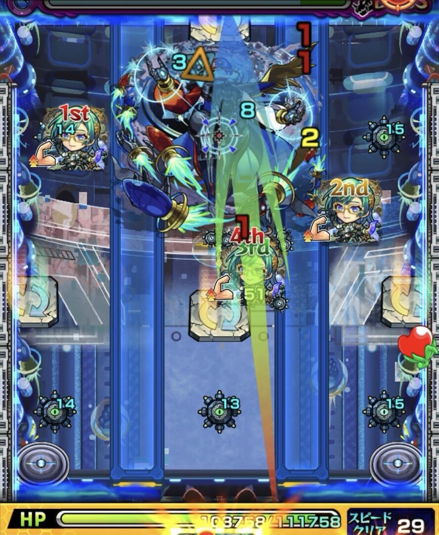 モンスト黎絶デティアカル攻略ボス1の3手目 反射化してボス弱点を攻撃し大ダメージを与えた立ち回り