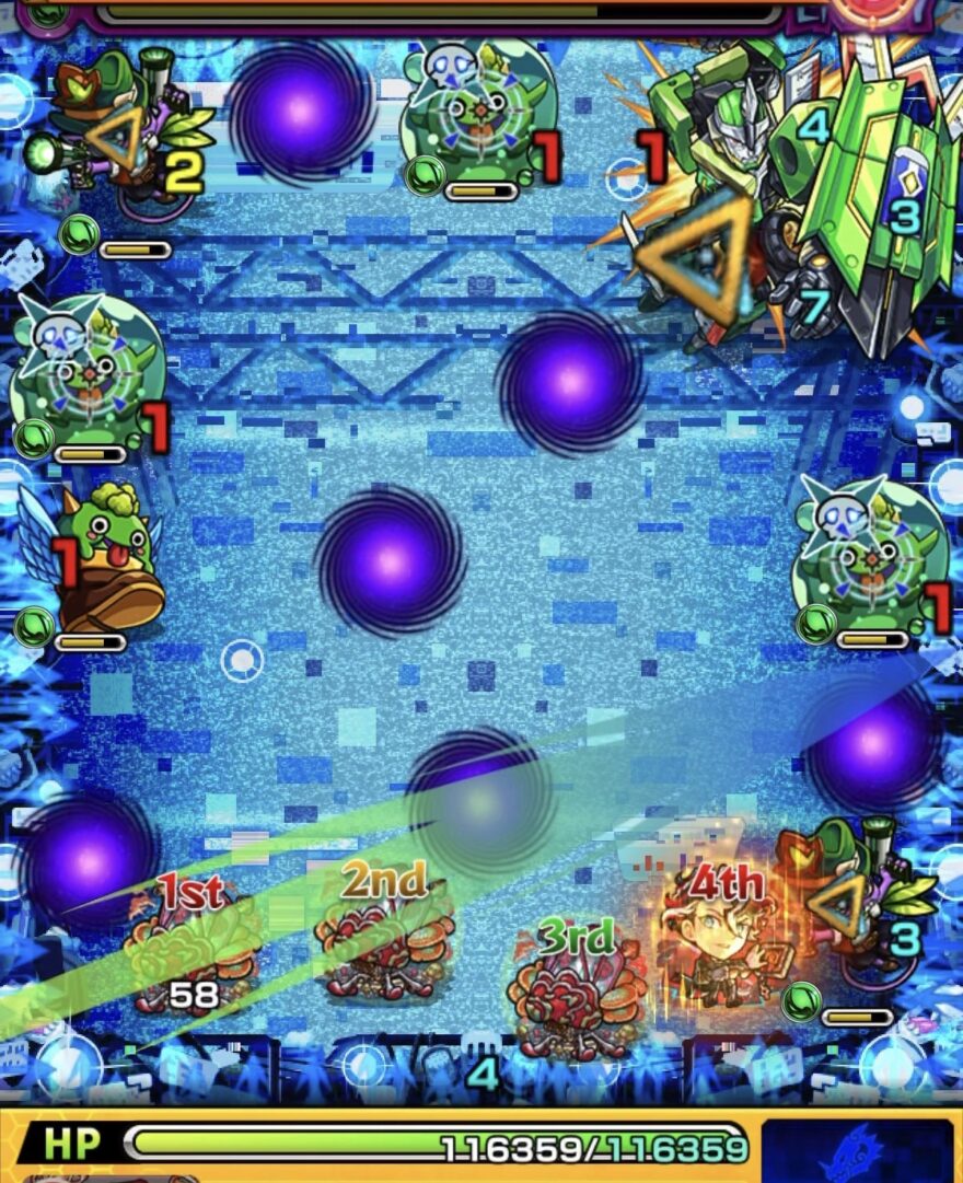 ステージ1でぷよリン3体を同時処理しクロスドクロを発動、ペンシルベースの弱点効果がアップした場面